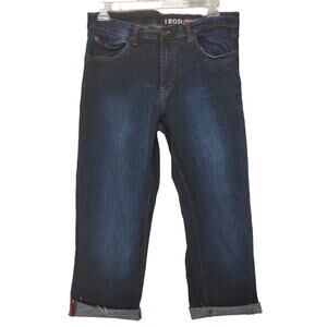 IZOD Men's 36" Dark Wash Stretch Denim Cuff Leg Jeans Cut-Off Cropped Ankle